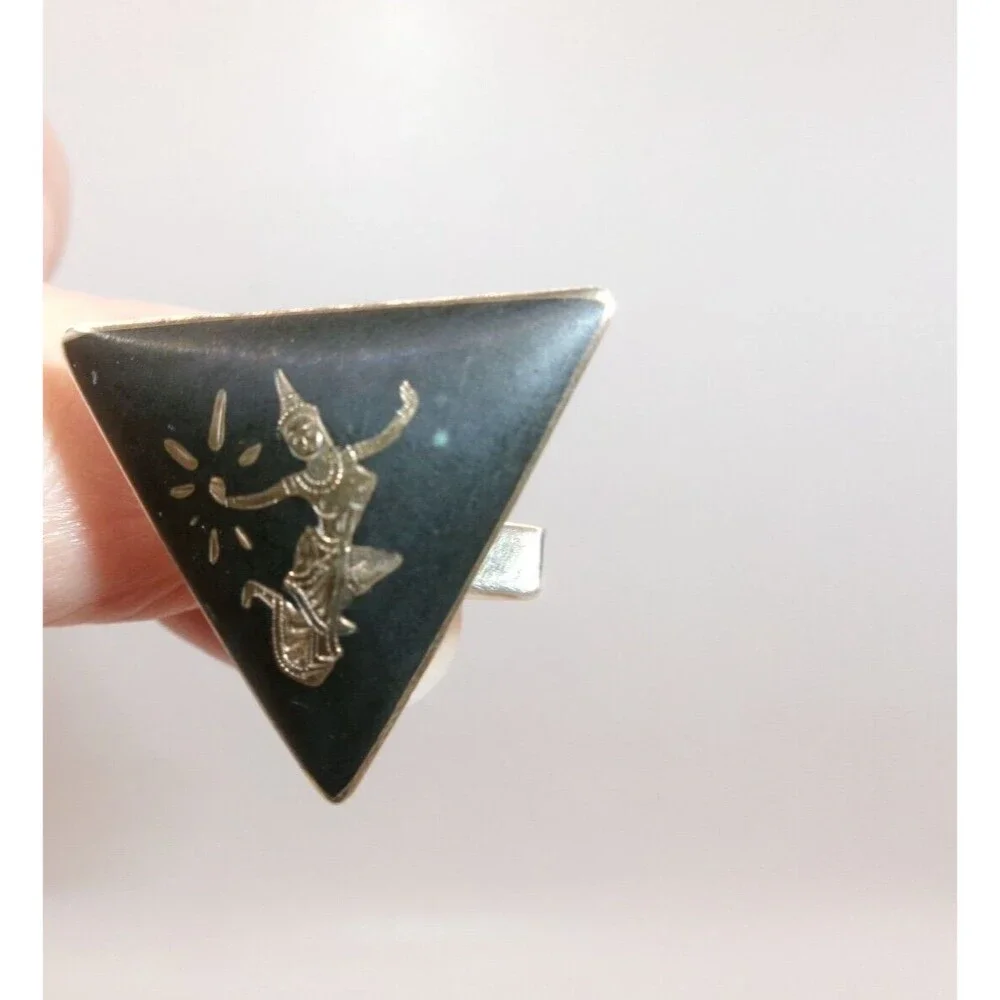 Vintage SIAM Sterling Cufflinks & Tie Clip Bali Dancer Black & Silver Triangles